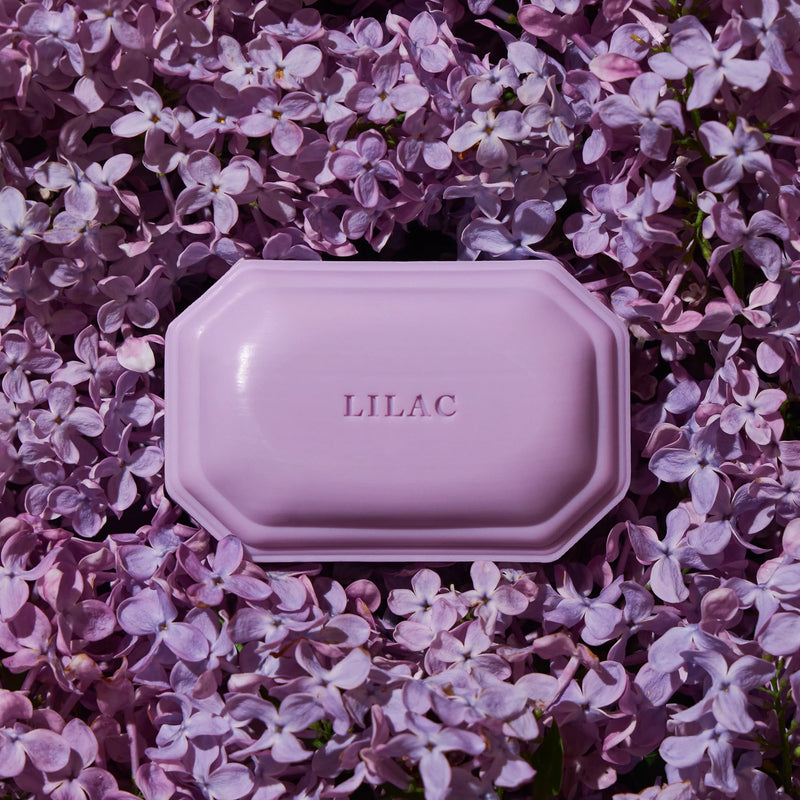 A lilac-colored soap bar labeled "Caswell - Massey Lilac Luxury Bar Soap" is nestled among a bed of fresh lilac flowers with a rich purple hue.