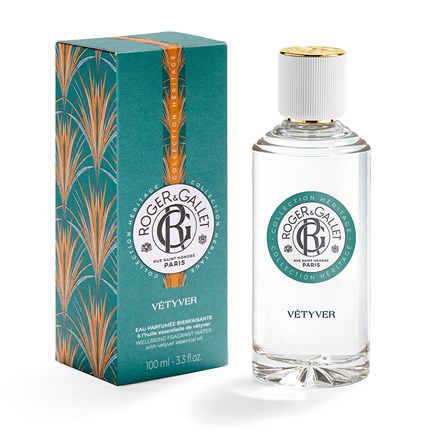 A Roger & Gallet Vetyver - Wellbeing Fragrant Water - 3.3 oz set featuring a clear glass bottle next to its teal and orange box with a decorative feather pattern, part of their luxury fragrances collection.