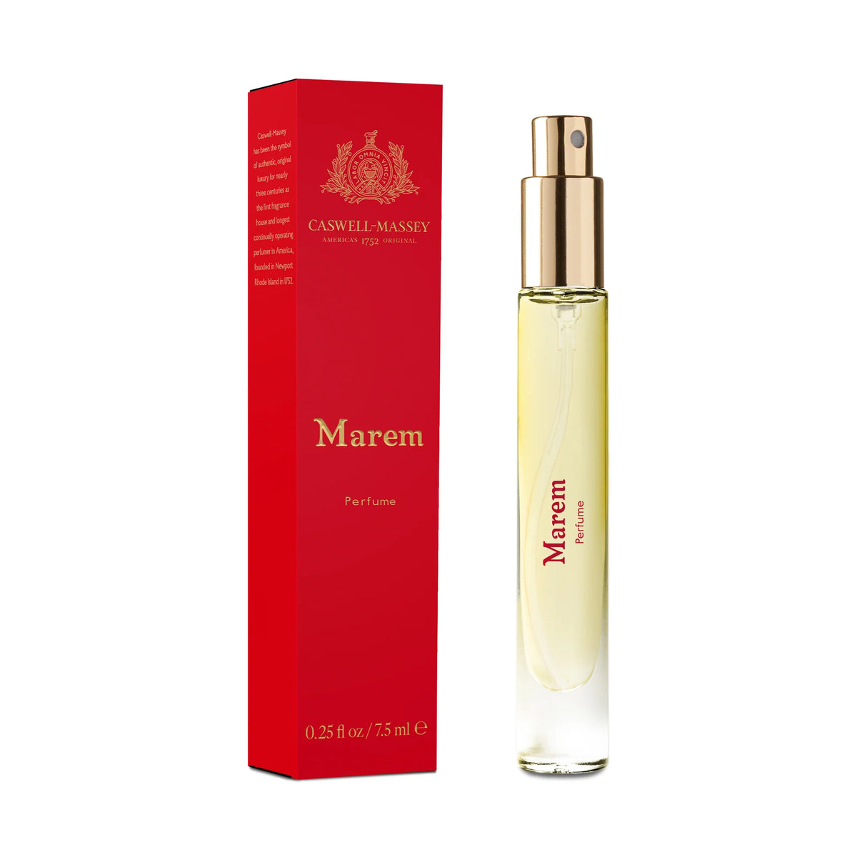 A Caswell - Massey Marem Perfume 7.5ml bottle and its red packaging box with "Caswell-Massey" branding. The cylindrical glass bottle has a golden cap and displays the yellow-tinted Chyp