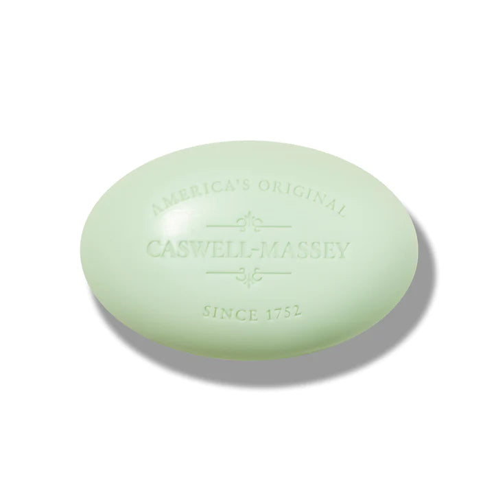 A single oval-shaped, light green, triple-milled Caswell-Massey Cucumber Bar Soap bar with the embossed text "America's original Caswell-Massey since 1752" on a white background.