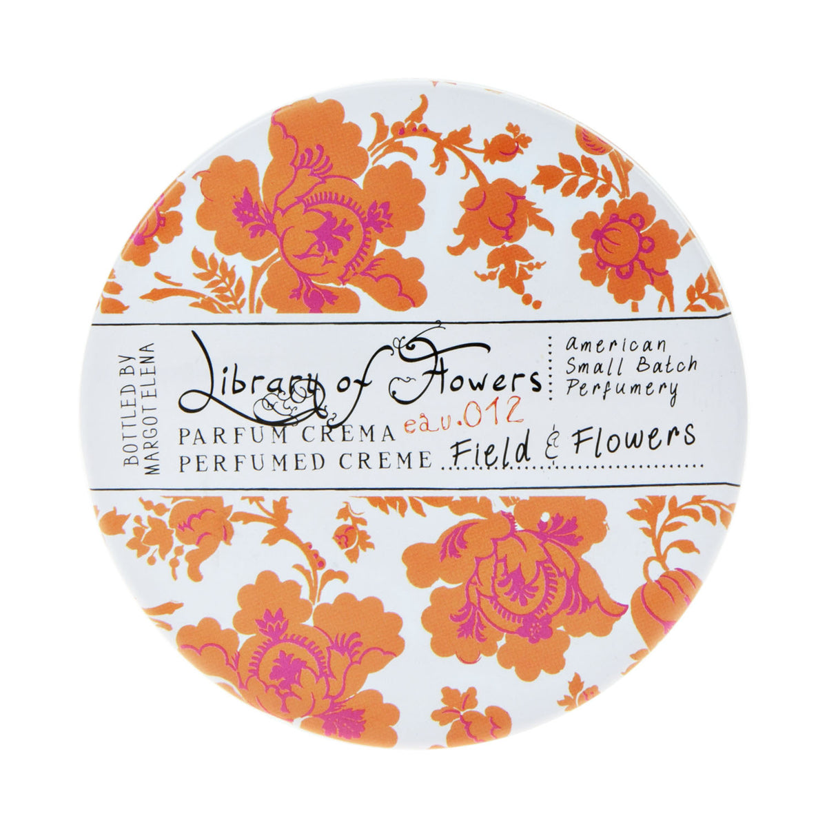 Round container of Library of Flowers Field & Flowers Parfum Crema with a floral pattern in orange and white, and text detailing the Margot Elena product name and characteristics on the label.