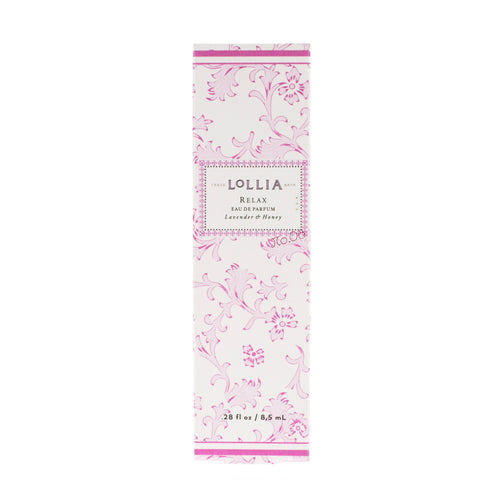 Pink and white floral patterned packaging for Margot Elena's Lollia Relax Travel Eau de Parfum, featuring elegant script and design details.