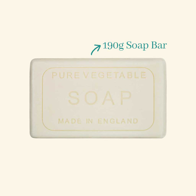 A 190g bar of The English Soap Co. Cinnamon Orange Vintage Wrapped Soap, rectangular and creamy white, with "pure vegetable soap made in England" embossed on it, shown on a light background.