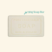 A 190g bar of The English Soap Co. Anniversary Rose & Peony soap with embossed text that reads "made in england," set on a neutral background.