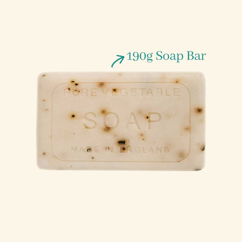 A 190-gram The English Soap Co. Anniversary Ocean Seaweed Soap bar with specks, labeled "soap made in England," isolated on a light background.