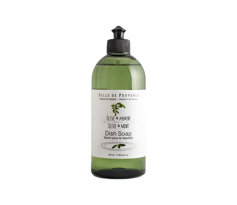 A clear, green-tinted plastic bottle with a black pump dispenser, labeled "Lothantique Belle de Provence Olive & Mint Leaves 500ml Dish Soap." The label features minimalist text and a small graphic of an olive branch and mint leaves. Infused with olive leaf extract for soft hands and the refreshing mint scent you love. Bottle size is 16.9 fl oz (500 ml).