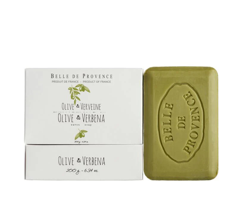 A bar of Lothantique Belle de Provence Olive & Verbena 200gm vegetable soap next to its packaging, both labeled "Olive & Verveine" and marked as a product of France. The soap is olive green with the brand imprint.