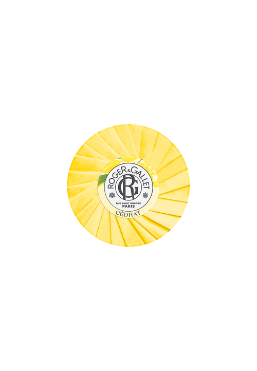 Round bar of Roger & Gallet Citron Soap, wrapped in bright yellow paper with the brand's logo and product details displayed centrally.