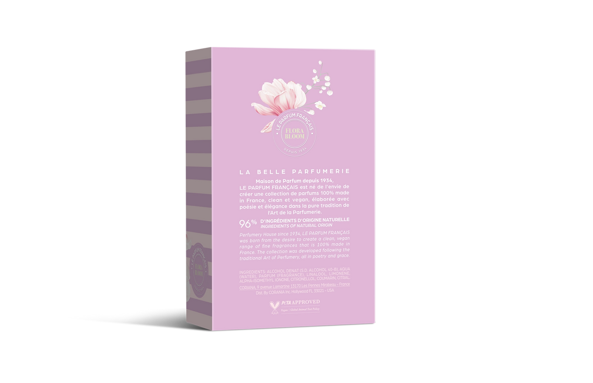 A 3D rendering of a Le Parfum Français Flora Bloom Eau de Toilette box featuring elegant floral arrangements in shades of pink and white. The text on the box is in stylish typography, emphasizing luxury and femininity.