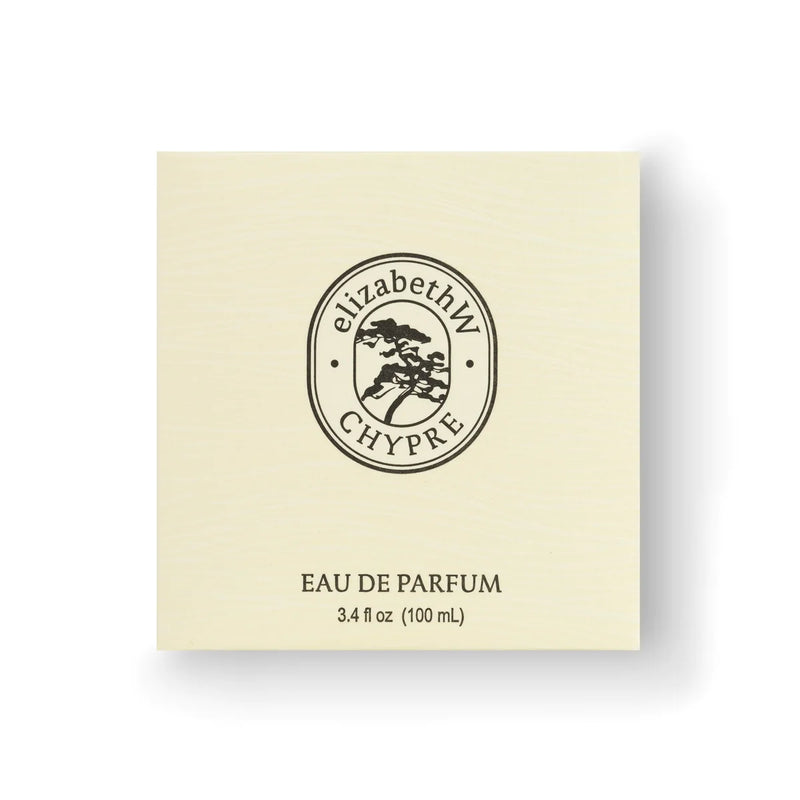 A square perfume box in a neutral shade with a central logo featuring elegant text "elizabeth W" and "Chypre" surrounding a detailed crest, labeled elizabeth W Atelier Chypre Eau de Parfum.