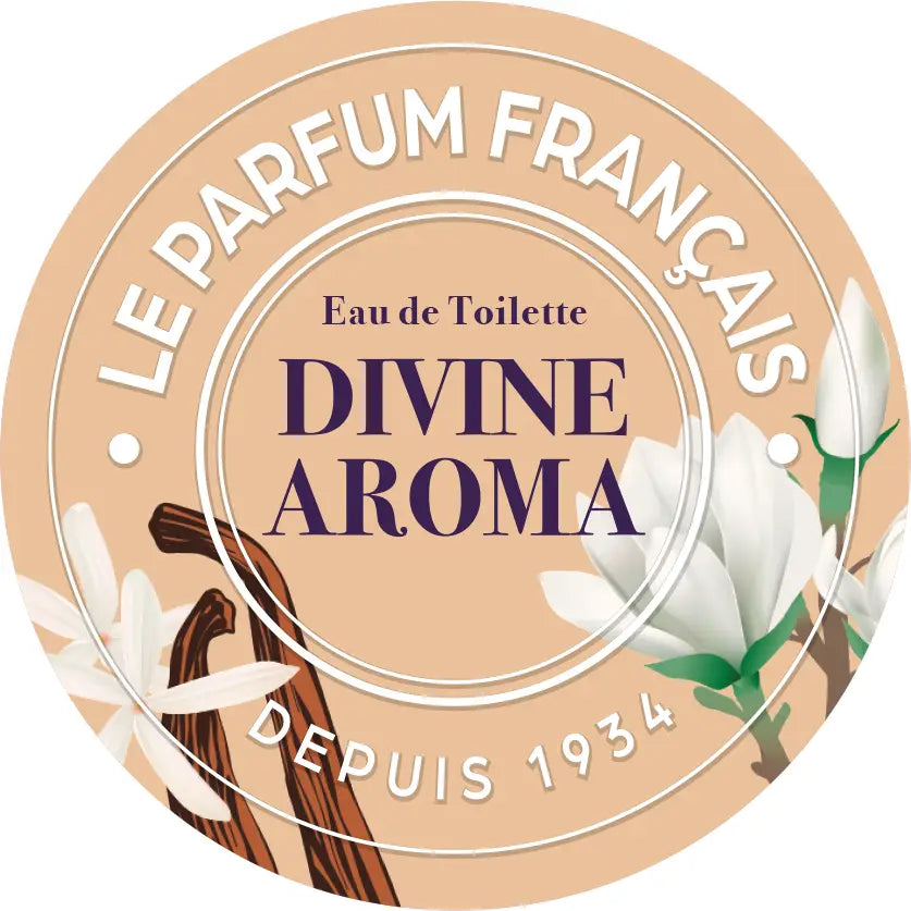 Round label for "Le Parfum Français Divine Aroma Eau de Toilette 100ml" featuring white flowers, vanilla beans, and green leaves on a beige background. Text encircles the central design.