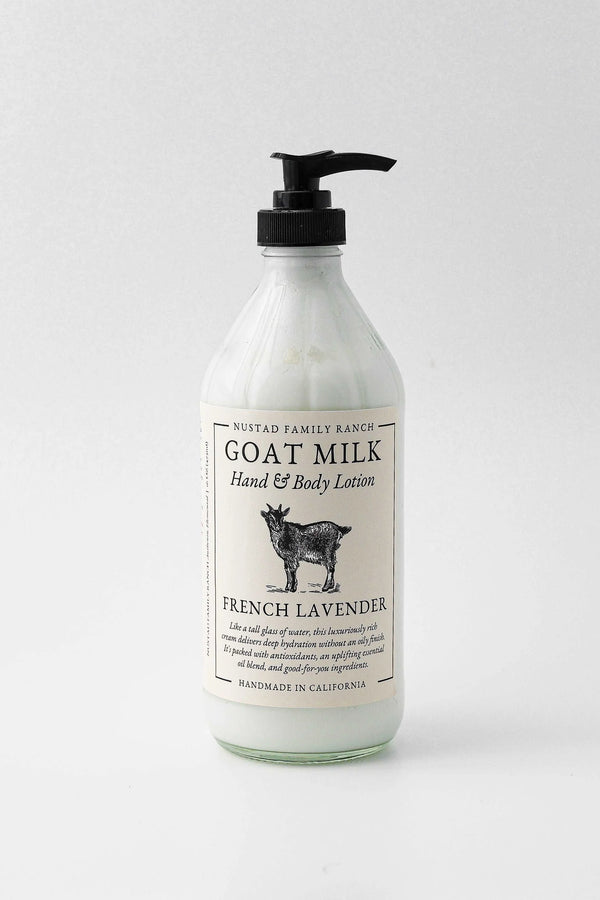 A bottle of Nustad Family Ranch French Lavender goat milk lotion with hydrating botanical extracts, featuring a pump top, against a plain light background. The label includes product details and "Hand