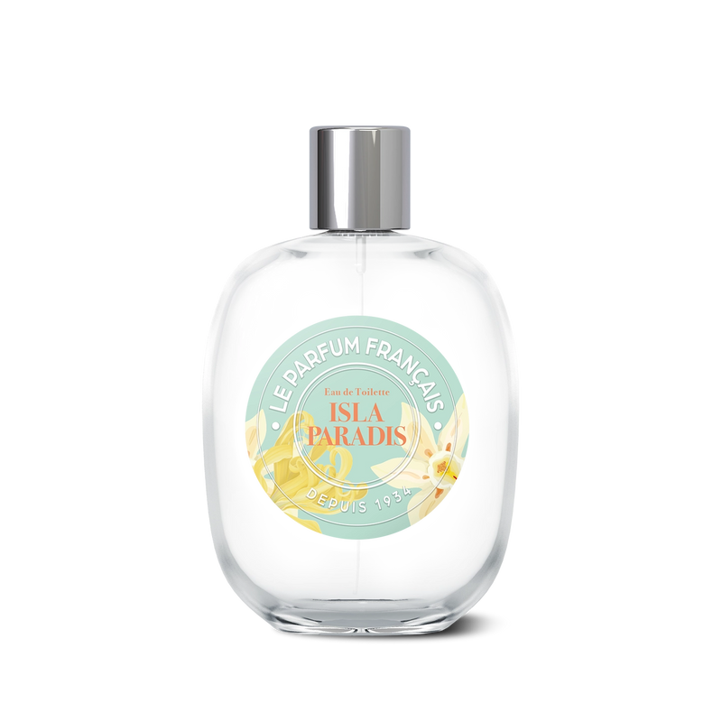 A clear perfume bottle with a silver cap and a label featuring the text "Le Parfum Français Isla Paradis Eau de Toilette," symbolizing an island paradise.