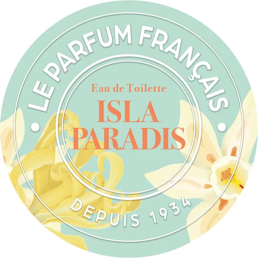 Label design for "Le Parfum Français Isla Paradis Eau de Toilette 3.5 floz", featuring elegant yellow floral graphics on a light green background, with text "le parfum français" and "depuis Le Parfum Français".