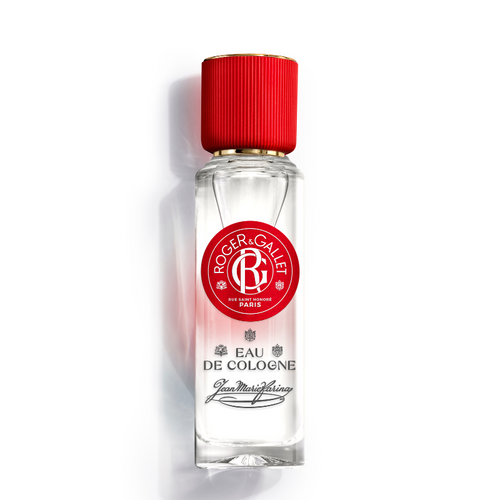 Transparent glass bottle of Roger & Gallet Jean Marie Farina Eau de Cologne - 1 oz with a red cap on a white background. The label features elegant red and black text with an emblem.