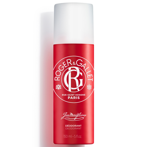 A bottle of Roger & Gallet Jean Marie Farina - Spray Deodorant - 5 oz with a red and white design, featuring the brand logo and French text, standing against a plain white background.