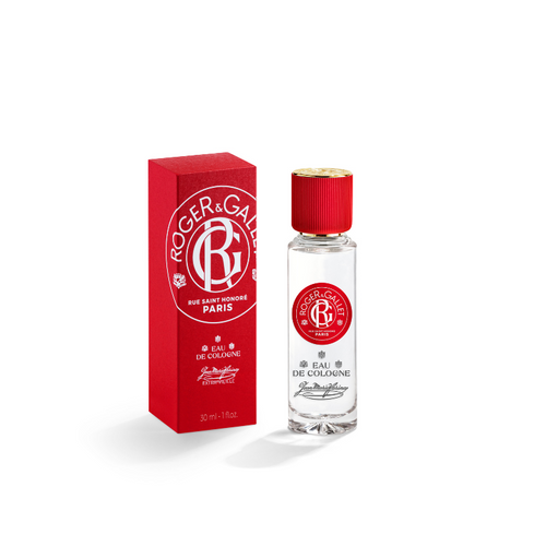 A bottle of Roger & Gallet Jean Marie Farina Eau de Cologne - 1 oz next to its red packaging box, displayed on a white background. The label features elegant script and branding details.