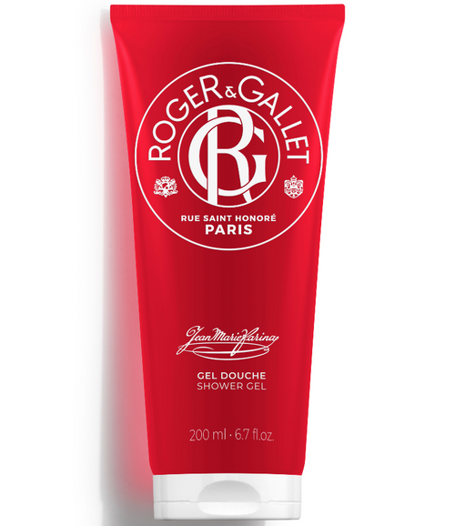 A tube of Roger & Gallet Jean Marie Farina Shower Gel with lavender and rosemary, in a red packaging, labeled with brand and product details, including the quantity of 200 ml / 6.7 fl.oz.