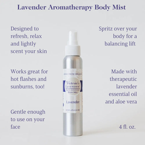 Image of a Victoria's Lavender aromatherapy body mist in a silver spray bottle, detailing product benefits such as refreshing scent, skin balance, and therapeutic ingredients including Lavender essential oil and Aloe Vera.