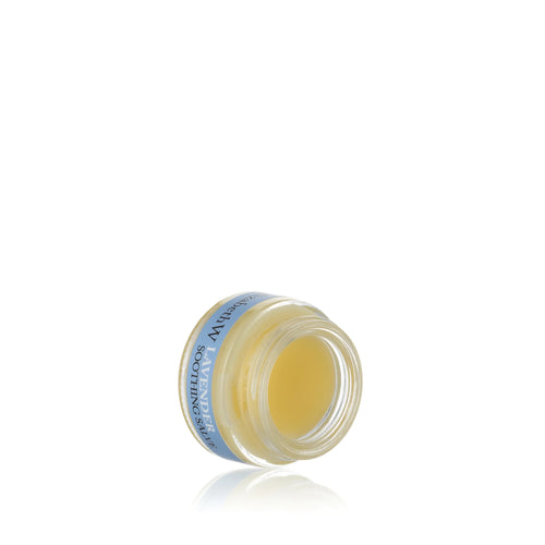A small open jar of elizabeth W Botanical Apothecary Lavender Soothing Salve with a blue and white label, isolated on a white background. It contains California Poppy Extract.