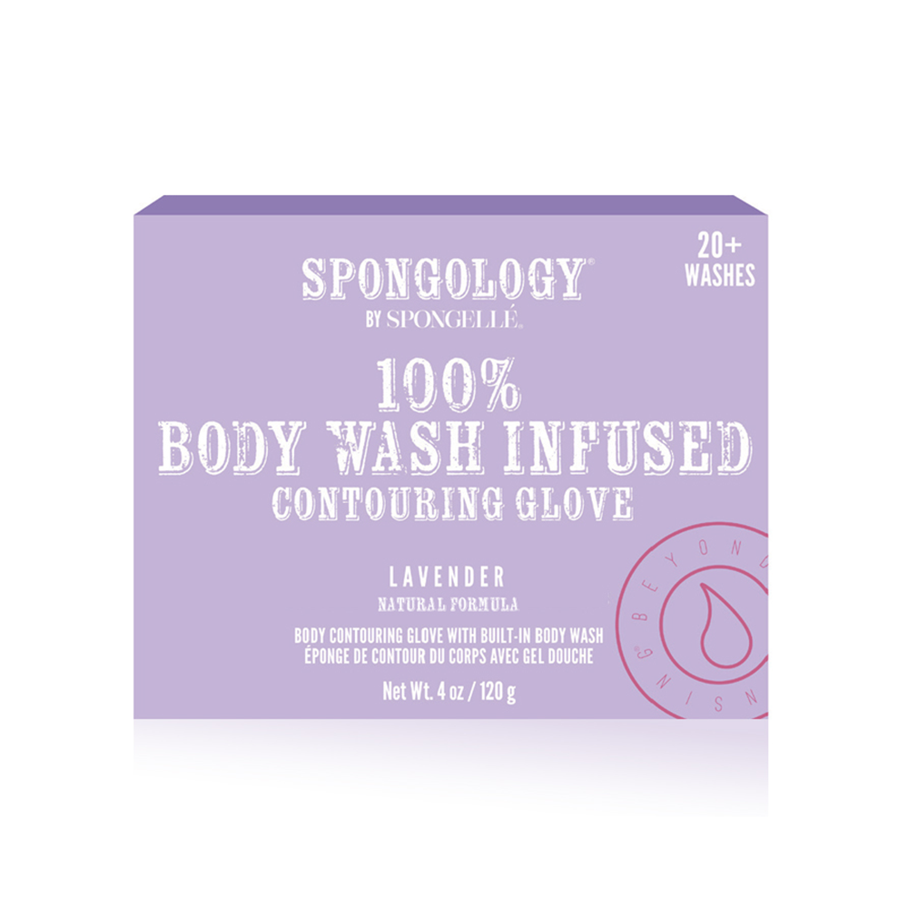 A package of Spongellé Lavender Spongology Body Contouring Buffer, labeled "100% natural body wash in lavender," promising over 20 washes. The product includes a Body Wash Infused Contouring.