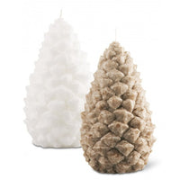 Two Bougies la Francaise Medium Scented Pine Cone Candles, one white and one beige, displayed against a white background.