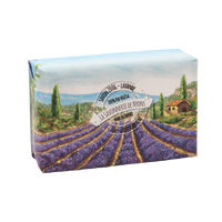 A rectangular soap box featuring a picturesque landscape painting of lavender fields and a rural house, with French text and a clear product seal, containing La Savonnerie de Nyons Provence Lavande 200g Soap in Paper.