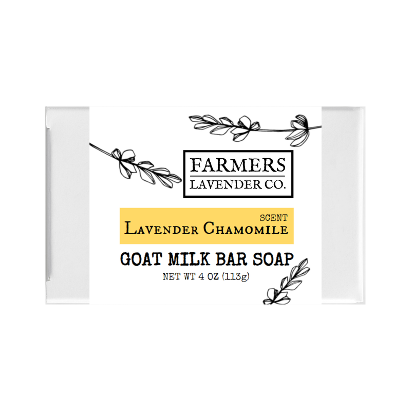 Label design for FARMERS Lavender Co. - Lavender Chamomile Goat Milk Bar Soap featuring elegant floral elements and black and yellow text on a white background.