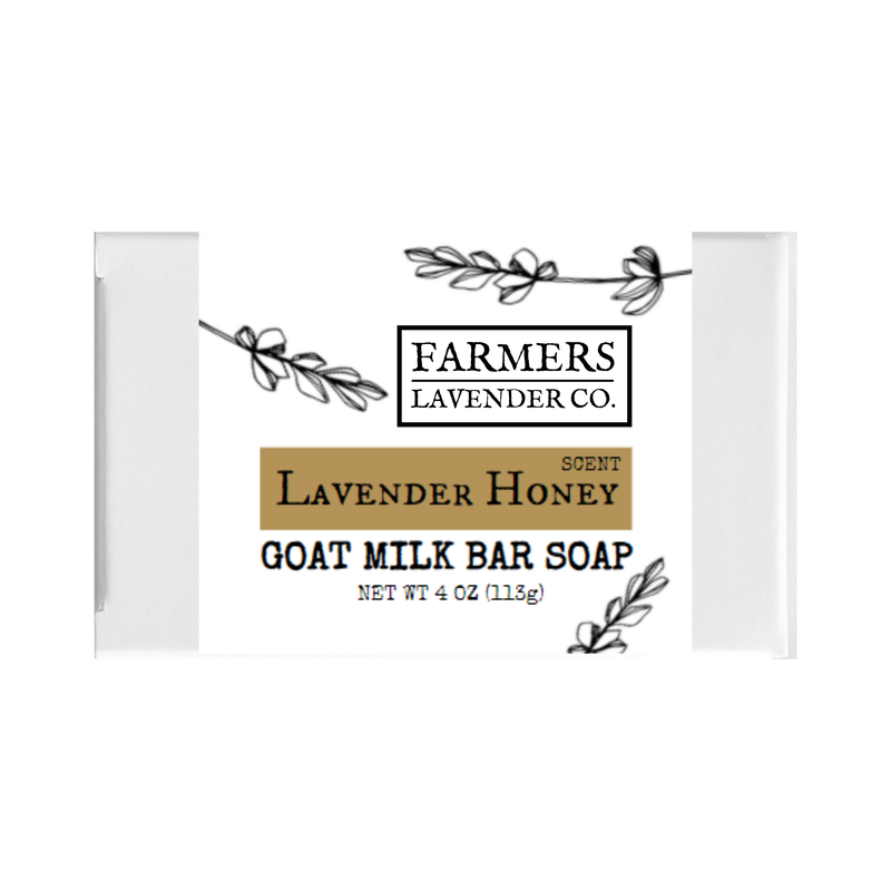 A soap bar labeled "FARMERS Lavender Co. - Lavender Honey Goat Milk Bar Soap" with decorative lavender sprigs on a white background, now featuring aromatherapeutic qualities.