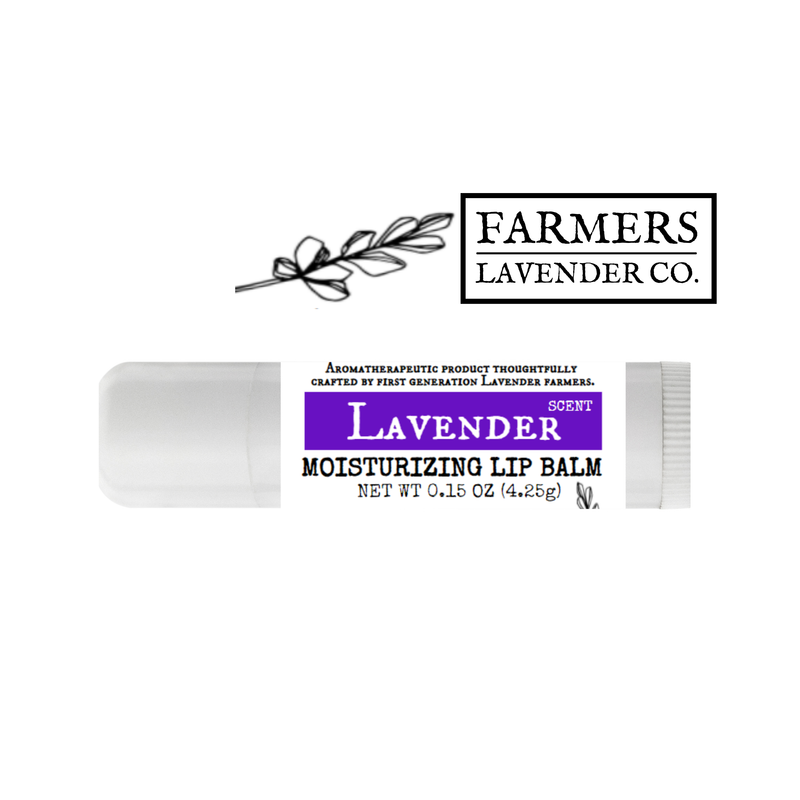 A tube of FARMERS Lavender Co. - Lavender Lip Balm labeled "FARMERS Lavender Co." with a sprig of lavender graphic above the text, indicating a moisturizing product for chapped lips with natural ingredients.