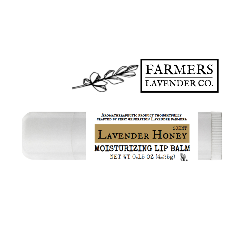 A tube of FARMERS Lavender Co. Lavender Honey Lip Balm with a twig of lavender and company logo above, all set against a white background.