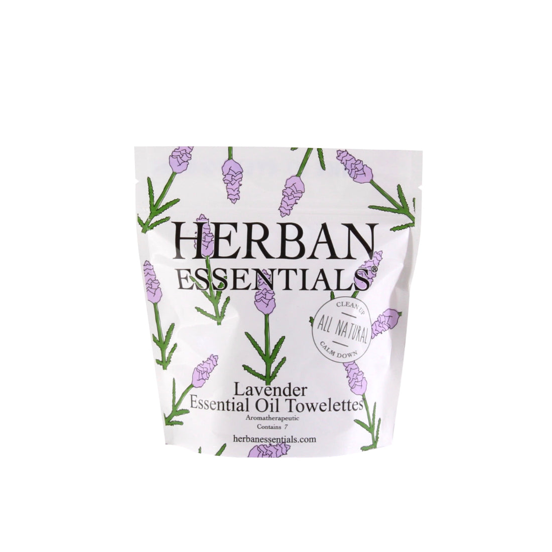 A white package of Herban Essentials Essential Oil Towelettes - Lavender Mini-Bags with purple lavender illustrations and green text, perfect for travel wipes.