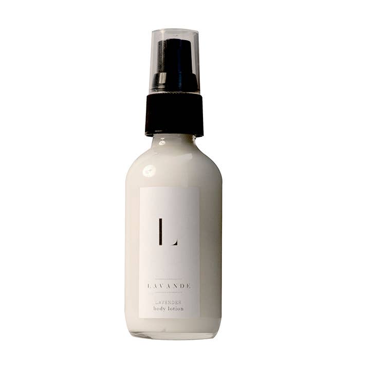 A white bottle of Lavande Lavender Body Lotion 2oz enriched with shea butter and a black pump dispenser, labeled in simple black text against a clean, white background.