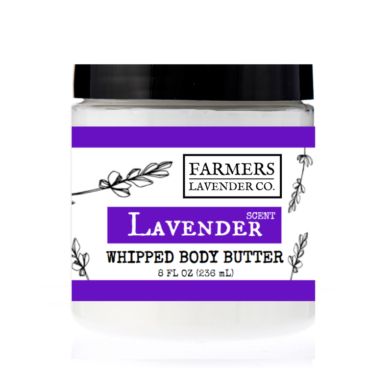 A jar of FARMERS Lavender Co. - Lavender Whipped Body Butter, with a black lid and a white label bordered by purple stripes and decorative lavender sprigs, containing 8 fl oz (236 ml)