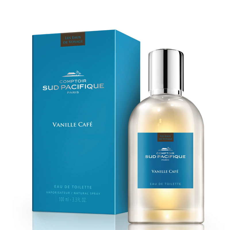 A bottle of Comptoir Sud Pacifique Paris Vanille Cafe eau de toilette, featuring roasted coffee alongside its matching blue packaging box. The bottle is clear with a silver cap.