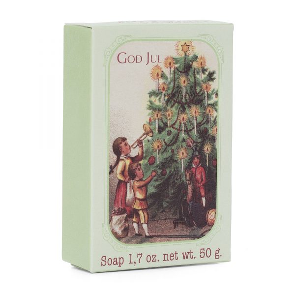 Vintage soap box featuring an image of children decorating a Christmas tree with the text "god jul," indicating a festive holiday theme with Victoria Scandinavian Merry Christmas Soap - Decorating the Tree by Victloria Scandinavian Soaps.