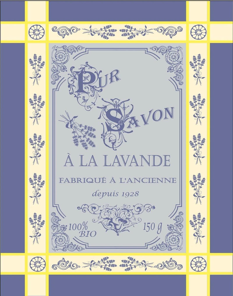 Vintage-inspired tea towel packaging design featuring ornate, symmetrical Provençal patterns and text announcing "Pur Savon a la Lavande, fabriqué à l'ancienne depuis 1928" by Made in Provence.