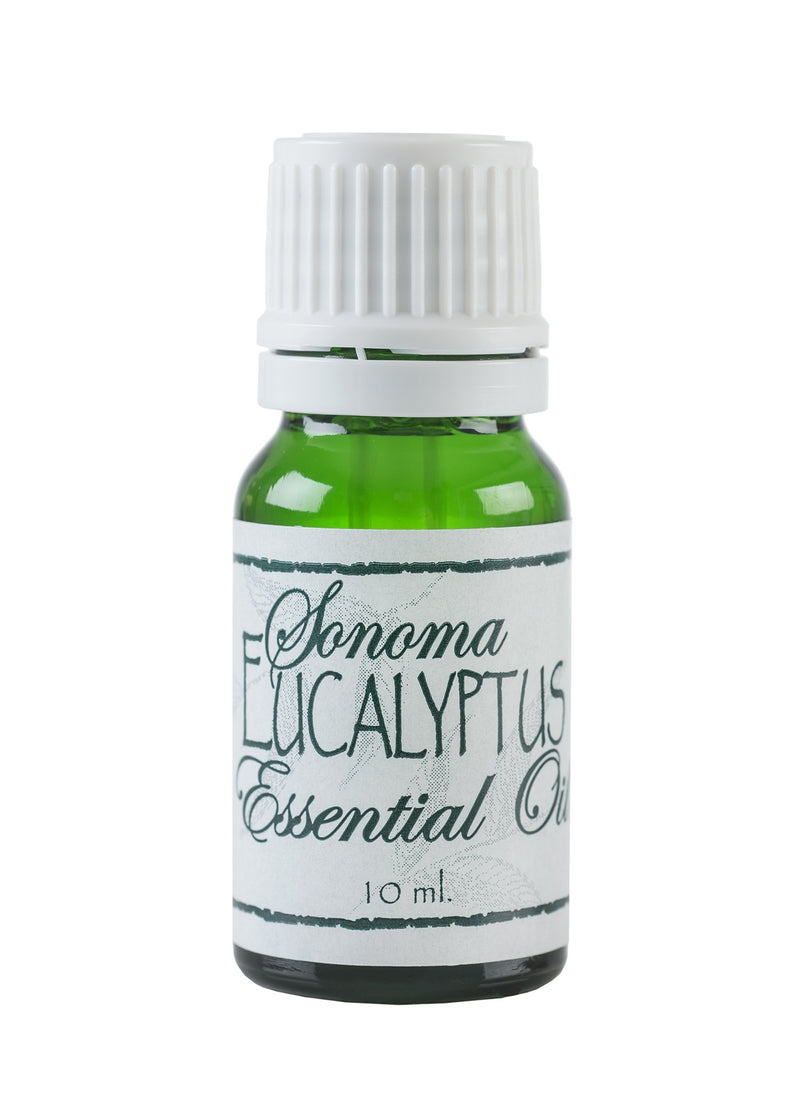 A small, clear glass bottle labeled "Sonoma Lavender Eucalyptus Essential Oil, 10 ml" with a white cap, containing green liquid and described as a breathing aid, isolated on a.