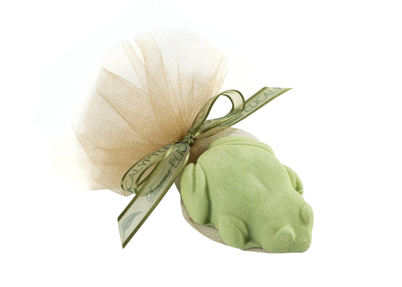 A Sonoma Lavender Sonoma Eucalyptus Oil Frog Soap wrapped in a beige tulle with a green ribbon tied around it, labeled "canary.