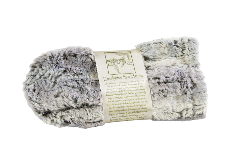 A plush gray and white Sonoma Lavender spa headband with a label describing it as an "eucalyptus spa headband" against a white background, accompanied by Sonoma Eucalyptus Silver Fox Spa Mittens to help improve circulation.