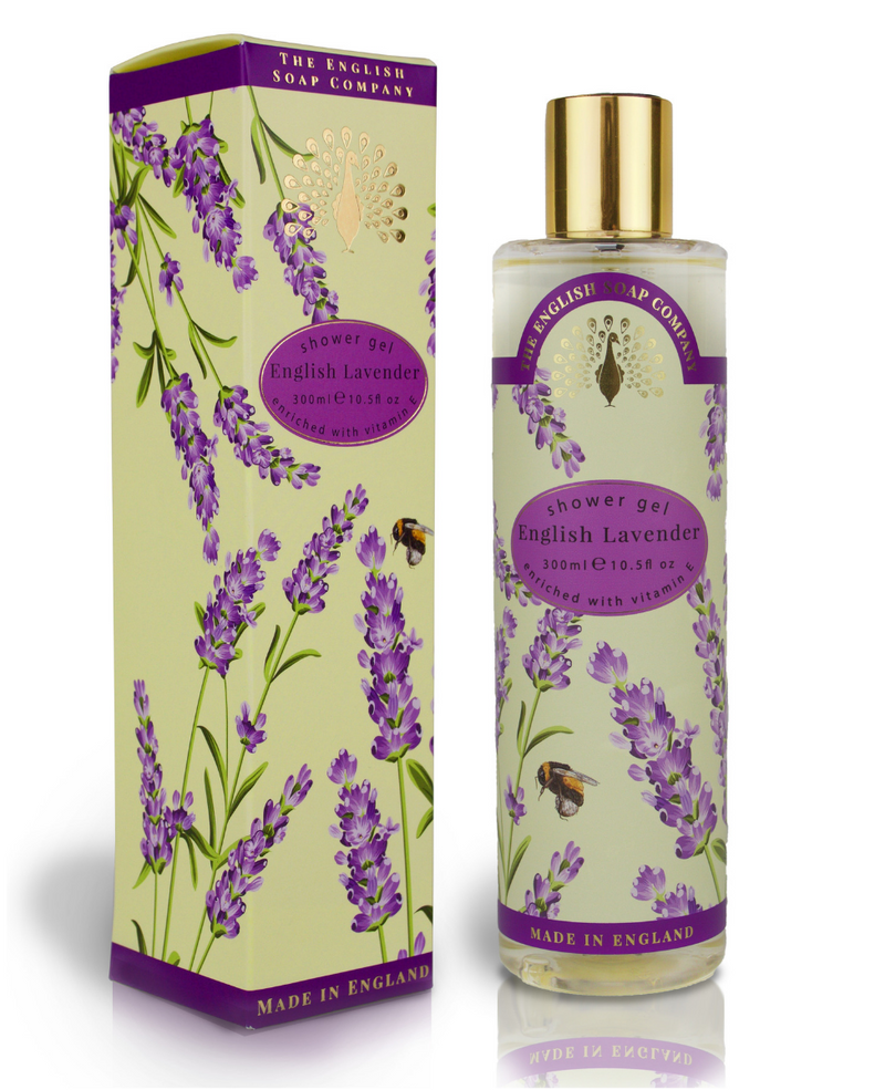 An aromatic English Lavender Shower Gel by The English Soap Co., packaged in a transparent bottle with a label and a matching decorative box featuring lavender flowers and bumblebees.