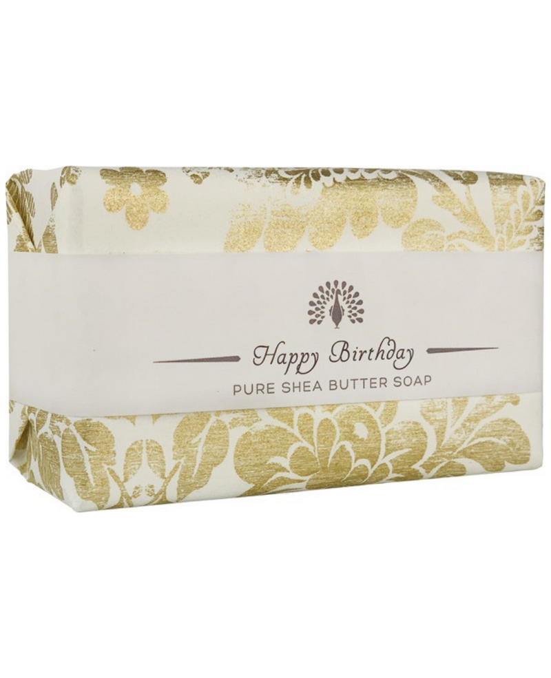 A rectangular box of aromatic The English Soap Co. Happy Birthday Lavender Special Occasion soap with a floral design in gold and white tones, and the text "happy birthday" printed across the center.