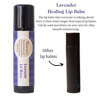 Image of two lip balms, one labeled 'Victoria's Lavender - Lavender Lip Balm' with lavender and moon graphics, and an unmarked black lip balm. The text describes the lavender balm as healing.
