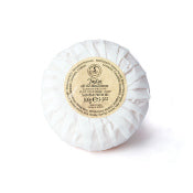 A round, white Taylor of Old Bond Street Sandalwood Sandalwood Hand Soap - 3s with a luxurious golden label on top, displayed against a plain white background.