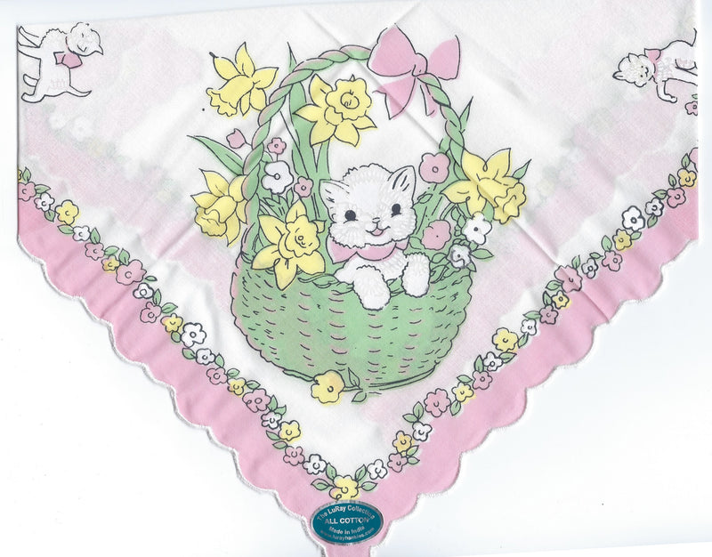 A colorful graphic of a cute white bunny sitting in a green basket surrounded by yellow flowers, with a pink and white checkered background, and Vintage-Inspired Hanky - White Kitty in Green Basket Hankies ala Carte as sheep motifs on the corners.