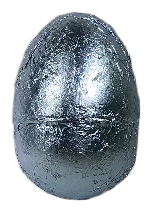 A close-up image of a shiny elizabeth W Lavender Fizz Egg, isolated on a white background. The foil has a crinkled texture, reflecting light.