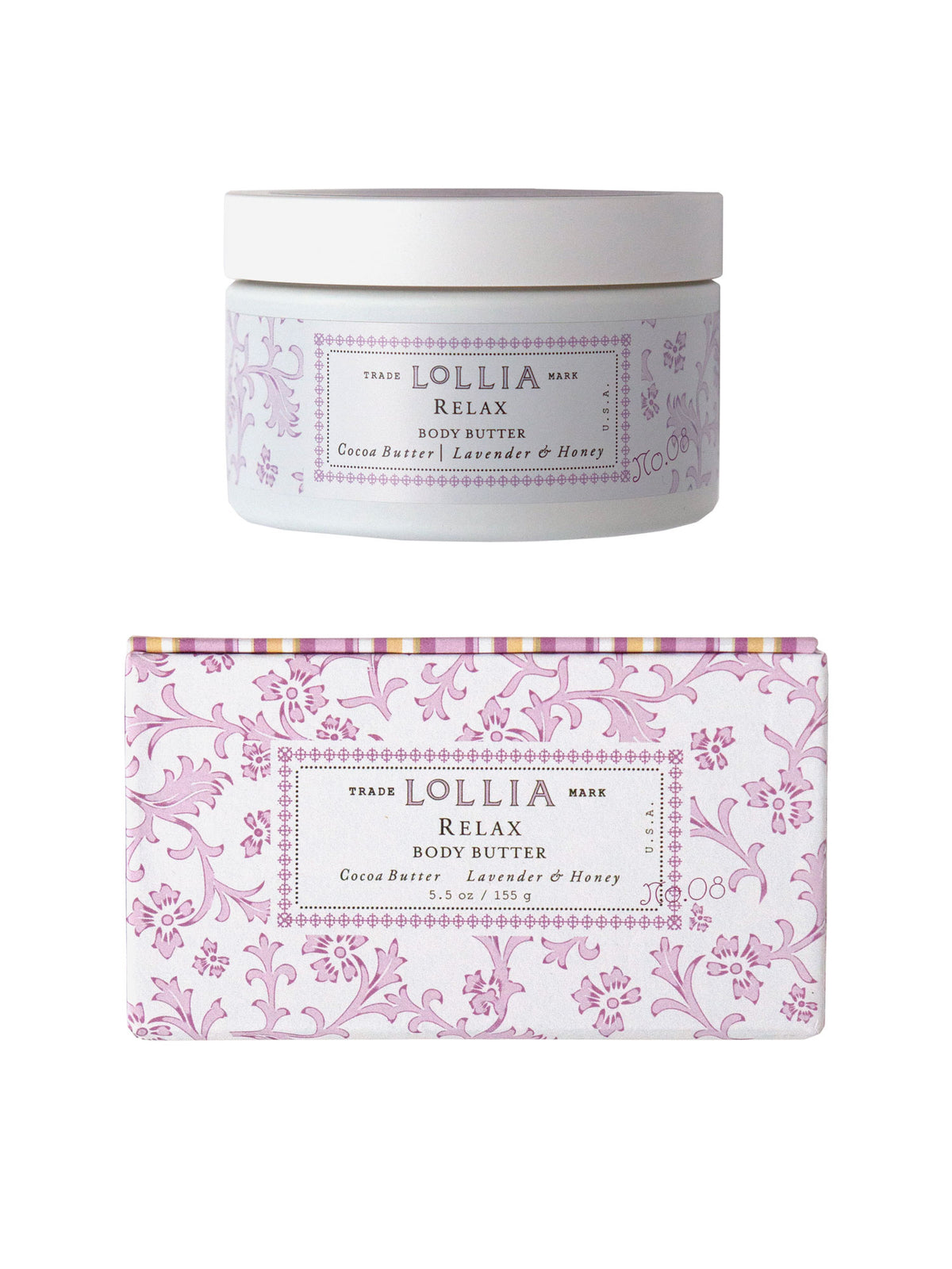 A Margot Elena Lollia Relax Body Butter container and its matching box, both adorned with a lilac and white floral design and elegant script detailing product ingredients like shea butter, lavender & honey.
