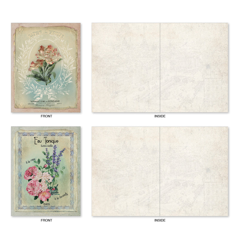 Four panels show assorted vintage floral All Occasion Boxed Note Cards - Scentiments, two fronts with floral designs and greetings in French, and two insides with faded, blank spaces for writing on high-quality recycled stock from The Best Card Co.