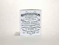 A vintage white metal tin with black text advertising Penn Chemists Classic Candle - Black Gardenia, including fine floral candles and aromatic remedies, stating "physician's prescription carefully compounded. implicitly relied upon since 1898.”
