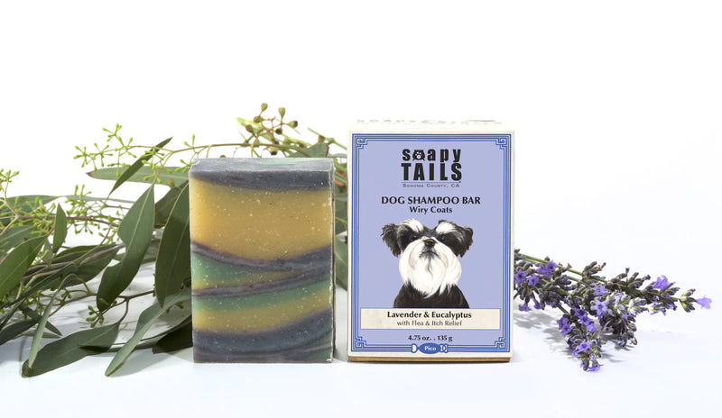 A Soapy Tails Shampoo Bar with lavender and eucalyptus scent for natural hydration, next to its packaging, surrounded by fresh lavender and eucalyptus leaves on a white background. Brand Name: Three Sisters Aphothecary